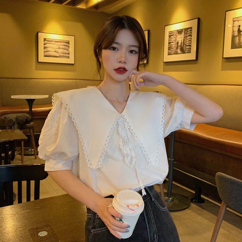 ホワイトスリーブシャツ カラーサマートップス 大人ガーリー スウィート キュート カジュアル 夏物 試着室14055733932