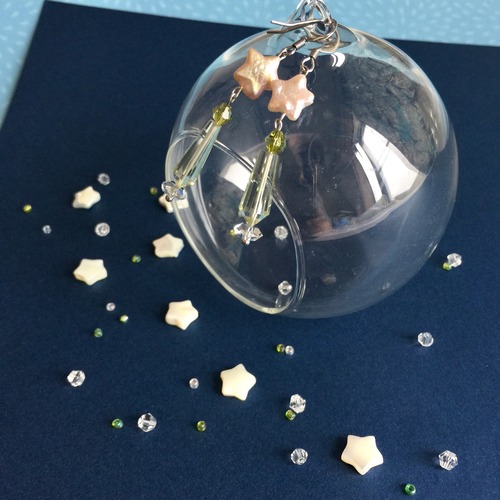 流れ星のピアス グリーン水晶 本真珠 琥珀 フック式