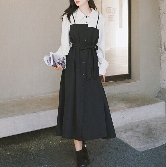 春 新作 レディース ワンピースドレス ロングワンピース 長袖 長袖ワンピース アシンメトリー アシメ レイヤード風 重ね着風 異素材ワンピース バイカラー 配色 モノトーン 前ボタンワンピース フロントボタン ミモレ丈 ロング丈 ウエストリボン フレアワンピース P8571