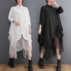 MESH LAYERED DESIGN HEM SOLID SHIRT DRESS 2colors M-4367