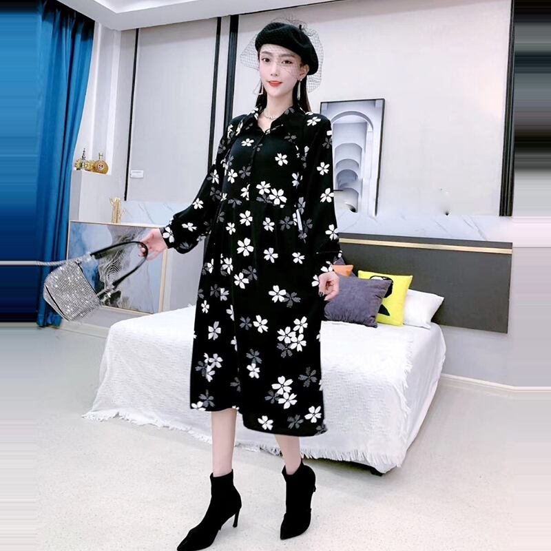 ファットmm2020年秋新しい秋の服は薄く見え、年齢を減らします、フラワーラペルミドル丈ドレス、大きいサイズの女性の気質 ミックスインファッション87574533293