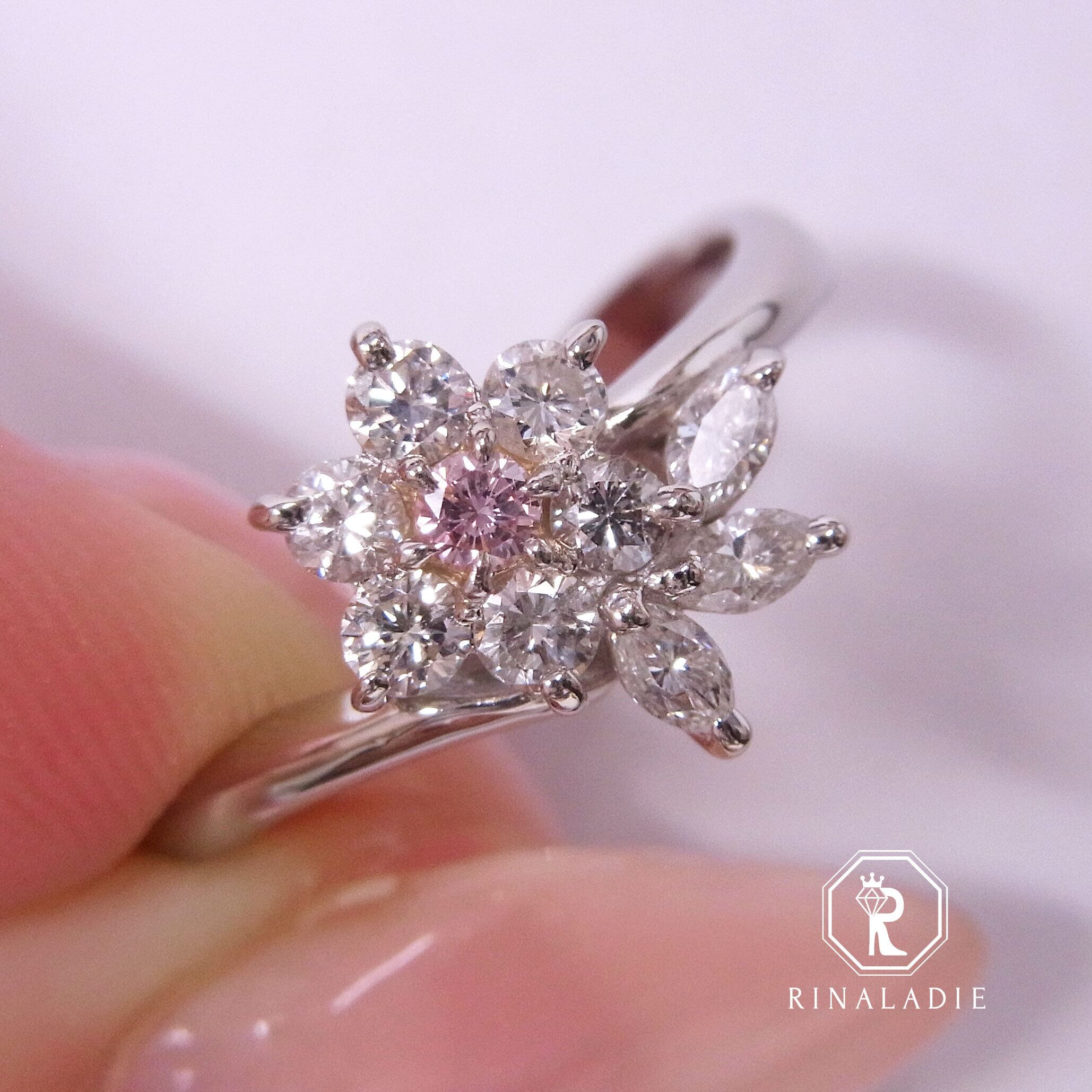 Pt900天然ピンクダイヤモンド☆可憐なフラワーリングマーキス添え  