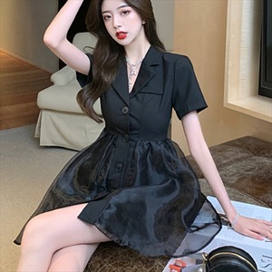 【送料無料】 ミニドレス  Aライン・フレア  エレガント系  透け感・シースルー  半袖  無地  Vネック  大人可愛い  フェミニン  こなれ感  きれいめ  フェミニン  レディースファッション・可愛い  韓国  夏  お呼ばれ・パーティ・二次会  ブラック