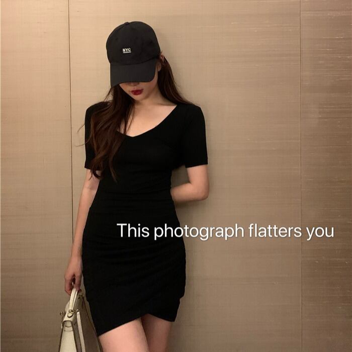 薄手ウェストVネックドレス スリムハイウェストスカート ドラファッションホール16347410961