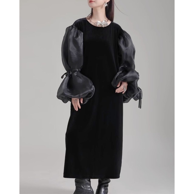 Organ balloon sleeve long maxi dress C0936