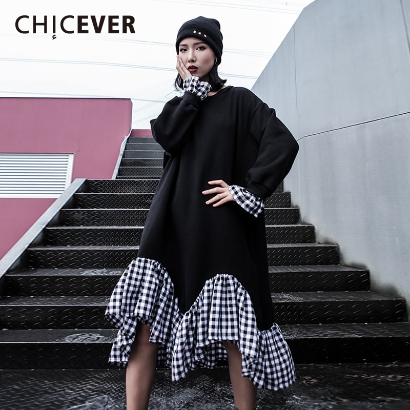 CHICEVERチェック柄マーメイドドレスレディースOネックフレア長袖フリルヴィンテージドレス2020秋 ロング ラッフル オータム 秋物 ビンテージ 6base510504393468