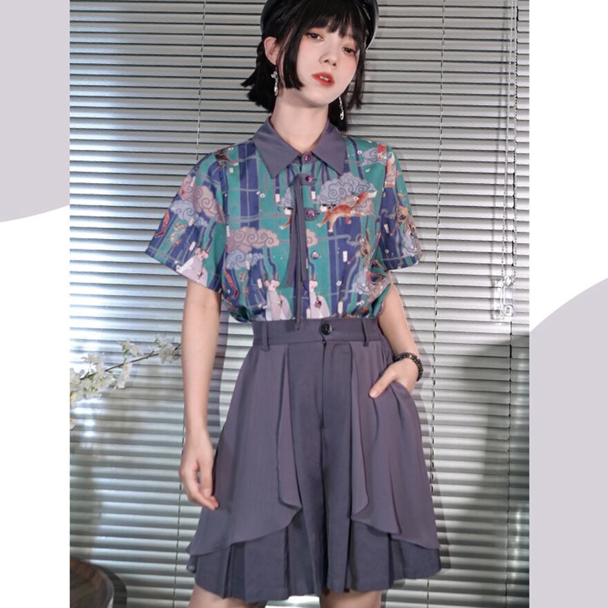 チャイナ風 中華服 古怪舎 ハーフパンツ プリーツ レイヤード 中華系ファッション 30代ファッション夏服