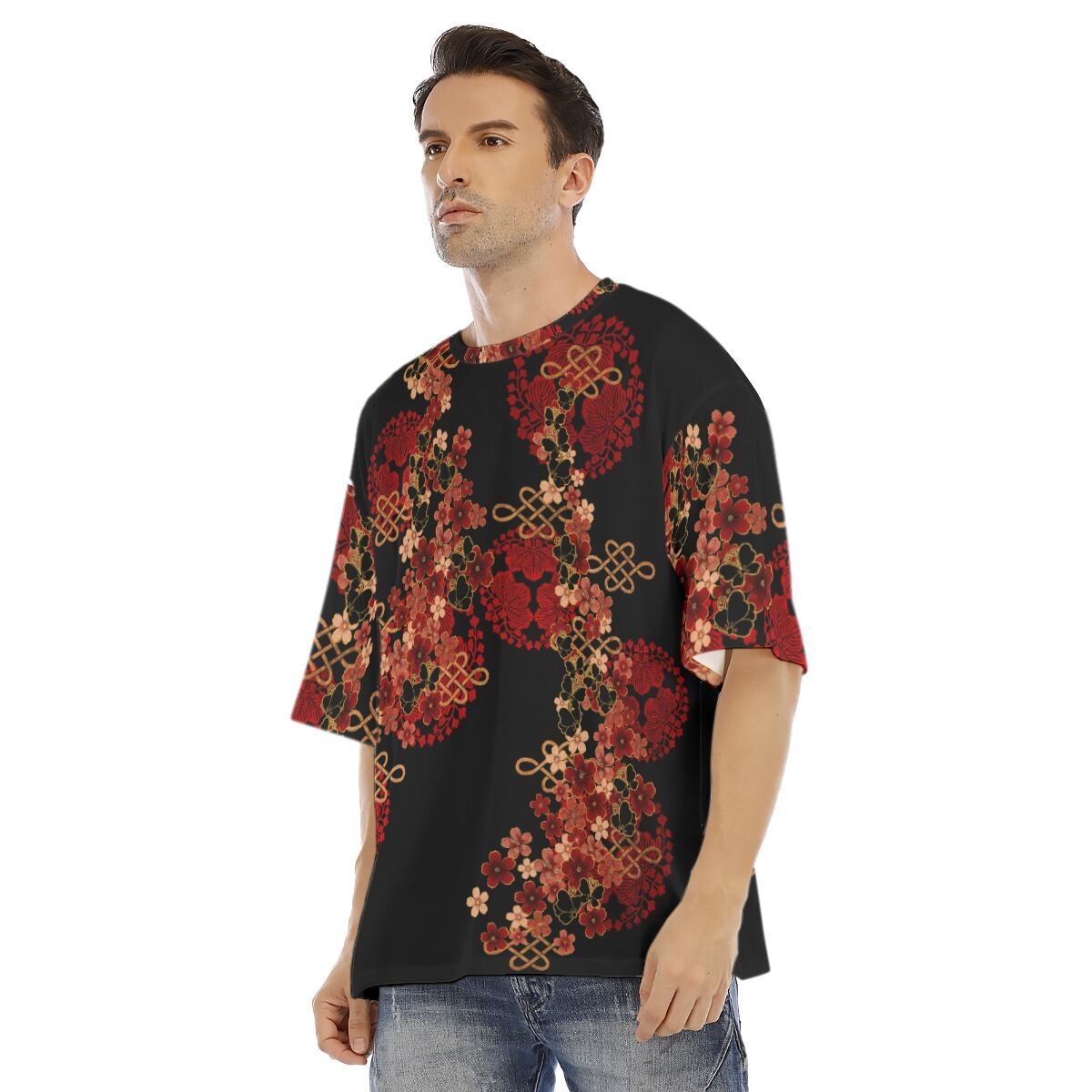 桜蝶紋様 和柄ユニセックス ドロップショルダーTシャツ | Baroque
