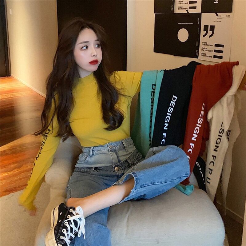 ハーフハイネックタイトフィットプリント長袖Tシャツレディース2020年秋新作スリムブラックインナーベースシャツトップス ブラックストロベリース56901282162