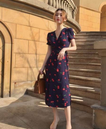 リゾート ミモレ丈 ワンピース 大きいサイズ レディース チェリー柄