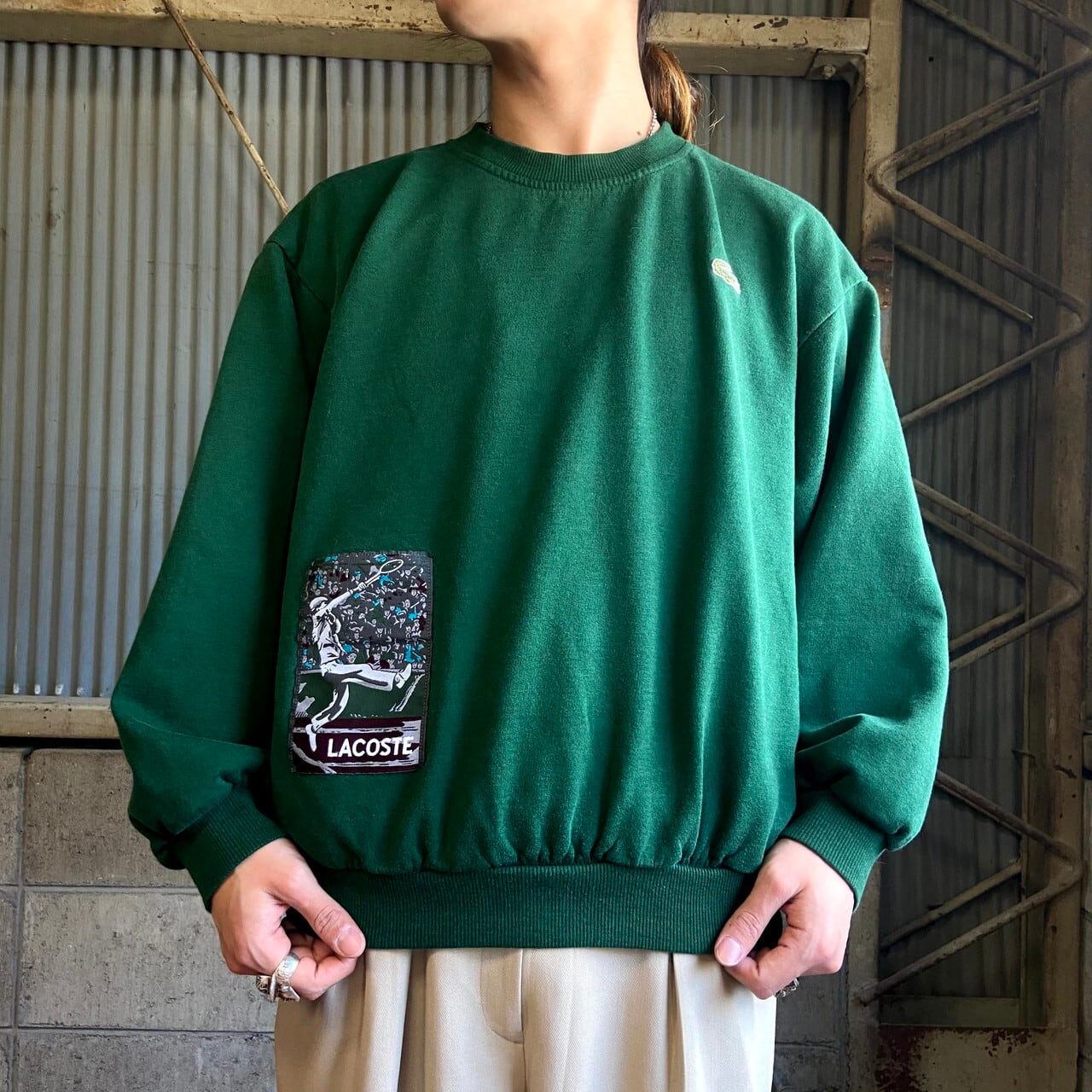 70 80年代 Chemise Lacoste ラコステ スウェットシャツ メンズl 古着 70s 80s ビンテージ ヴィンテージ Lacoste トレーナー グリーン 緑色 スウェット Cave 古着屋 公式 古着通販サイト