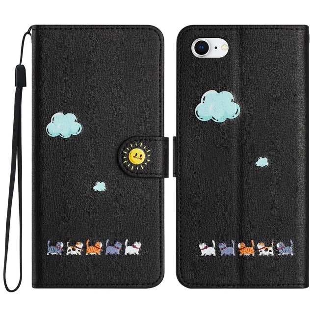 Case for 電話カバー iphone se3/se2/iPhone8/7ケース手帳型おしゃれなストラップ付き キラキラ (KKGO) 保護ケース カードポケット付き 財布型 横置きスタンド機能付き マグネット式 全面保護(A4-ブラック 黒, iPhone SE2 iPhone8/iPhone7/iPhone6s/iPhone6)