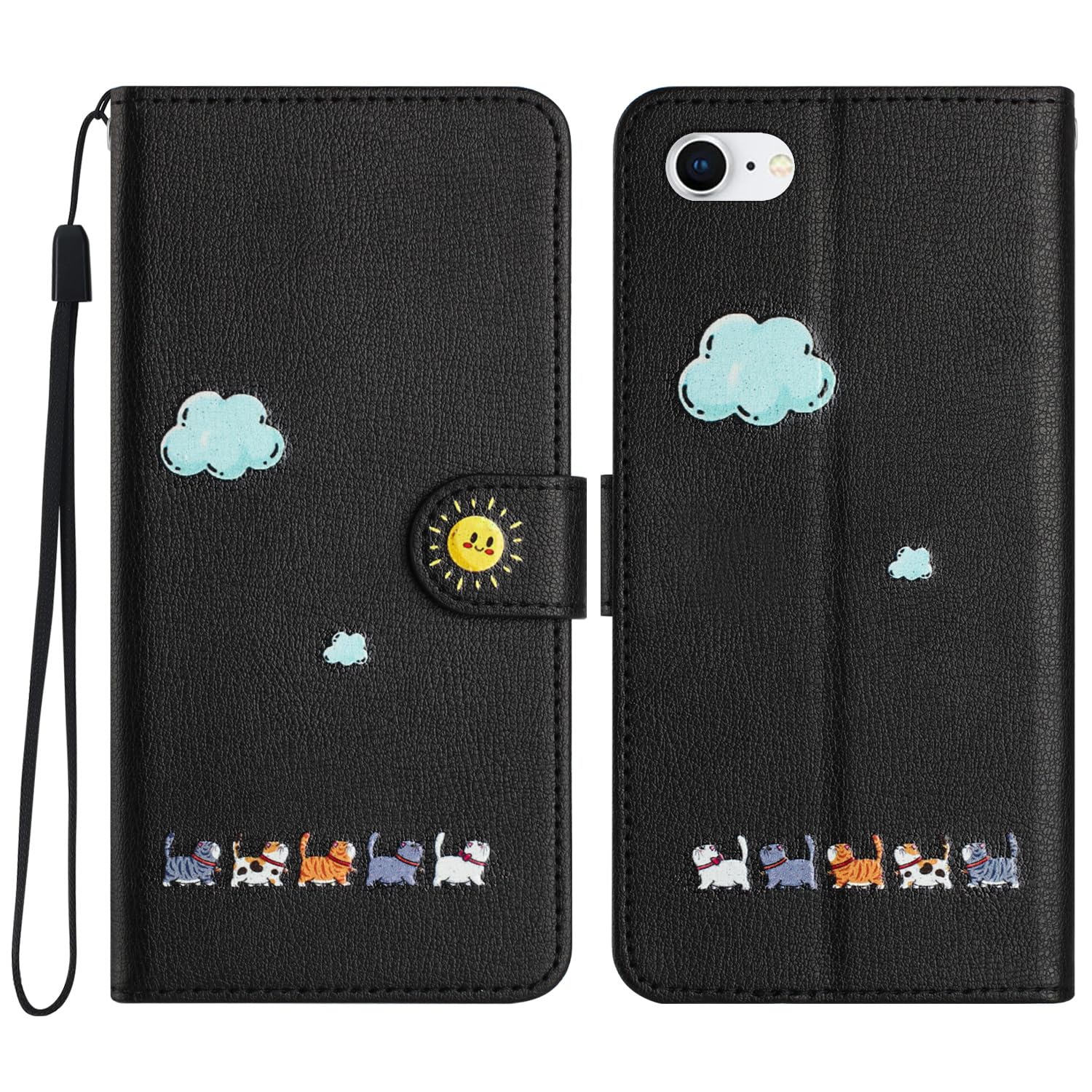 Case for 電話カバー iphone se3/se2/iPhone8/7ケース手帳型おしゃれなストラップ付き キラキラ (KKGO) 保護ケース カードポケット付き 財布型 横置きスタンド機能付き マグネット式 全面保護(A4-ブラック 黒, iPhone SE2 iPhone8/iPhone7/iPhone6s/iPhone6)