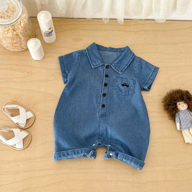 【BABY】くるま刺繍入りデニム襟付き半袖ロンパース - 3
