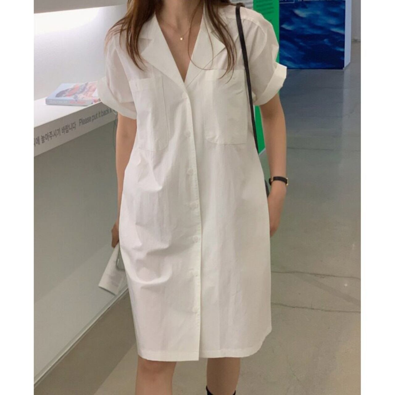Open Collar Shirt Dress 2col W00228