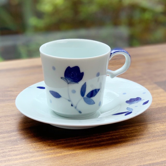 有田焼　満月皿コーヒー碗皿　ミニ青バラ