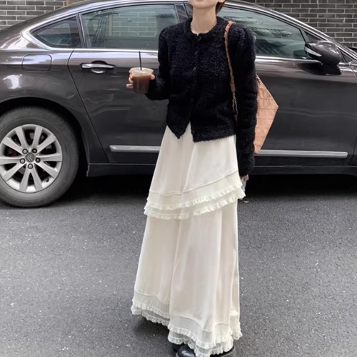 【2点セット】ファータッチニットカーデ＋アシメレースフリルAラインスカート ・73923