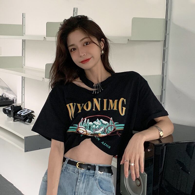 ブラックショートTシャツ サマーハイウェストトップス 夏物 スーパーモール13155768582