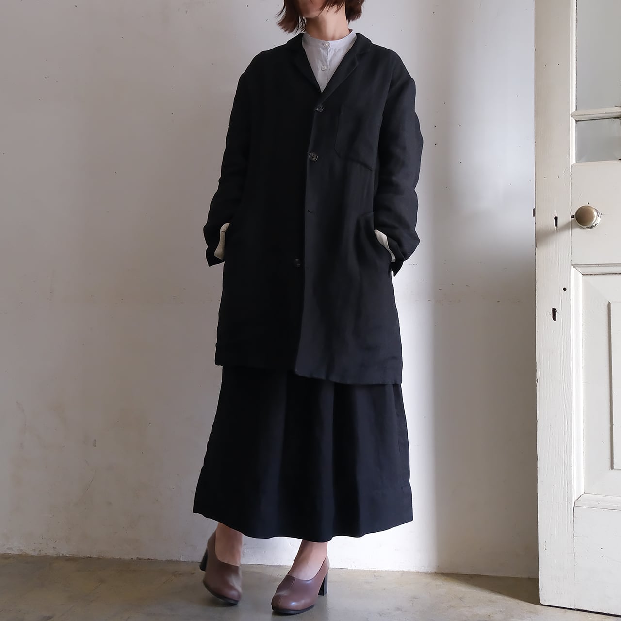 unisex coat jacket／herringbone linen〈black〉 | SALUÉ