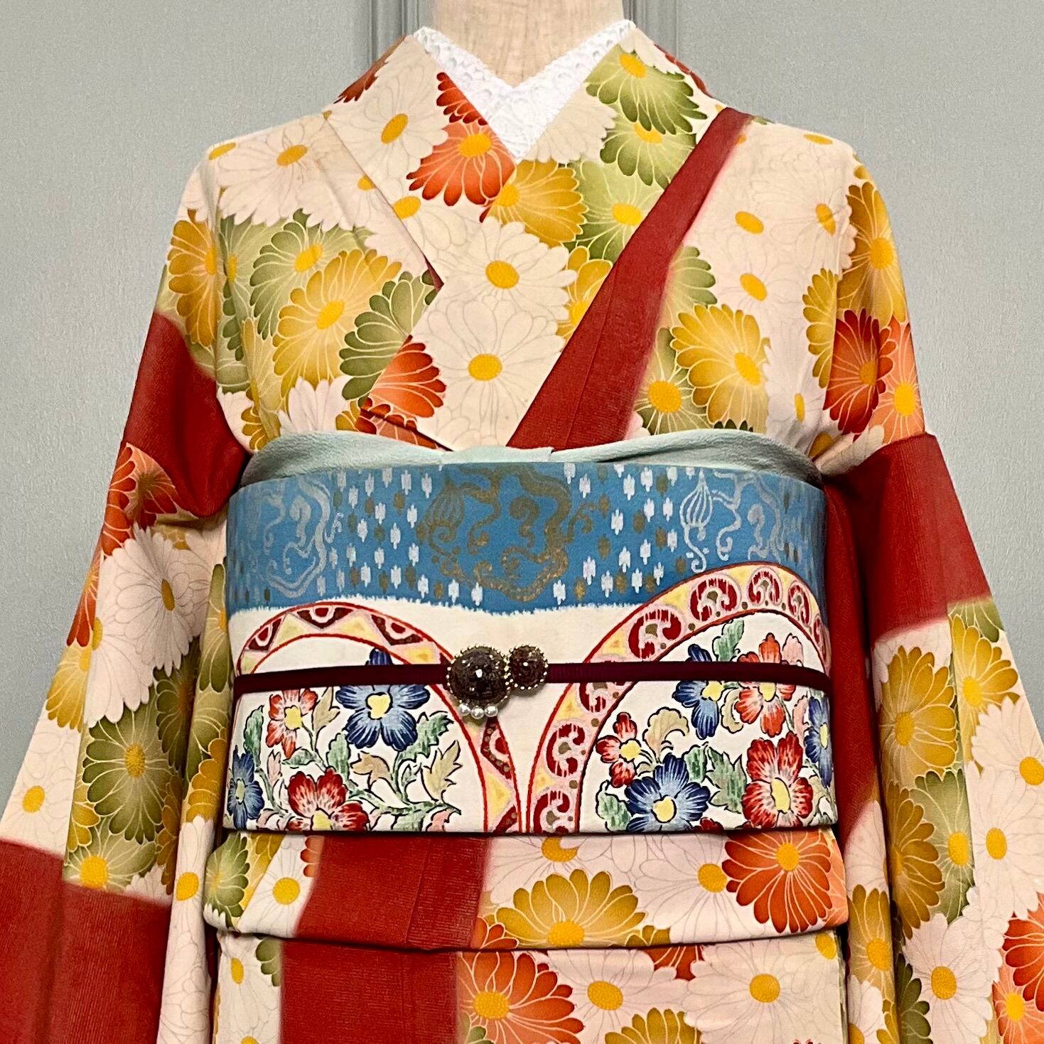 異国の円窓＊水色 花 華 丸紋 紋章 オリエンタル 東洋 刺繍 染め帯