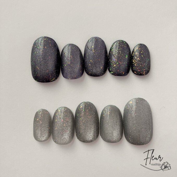 【S/M/L】 秋冬*クラシックブルー×アッシュグレー マグネット|フラッシュラメがきらめく上品大人ネイル#ncs001