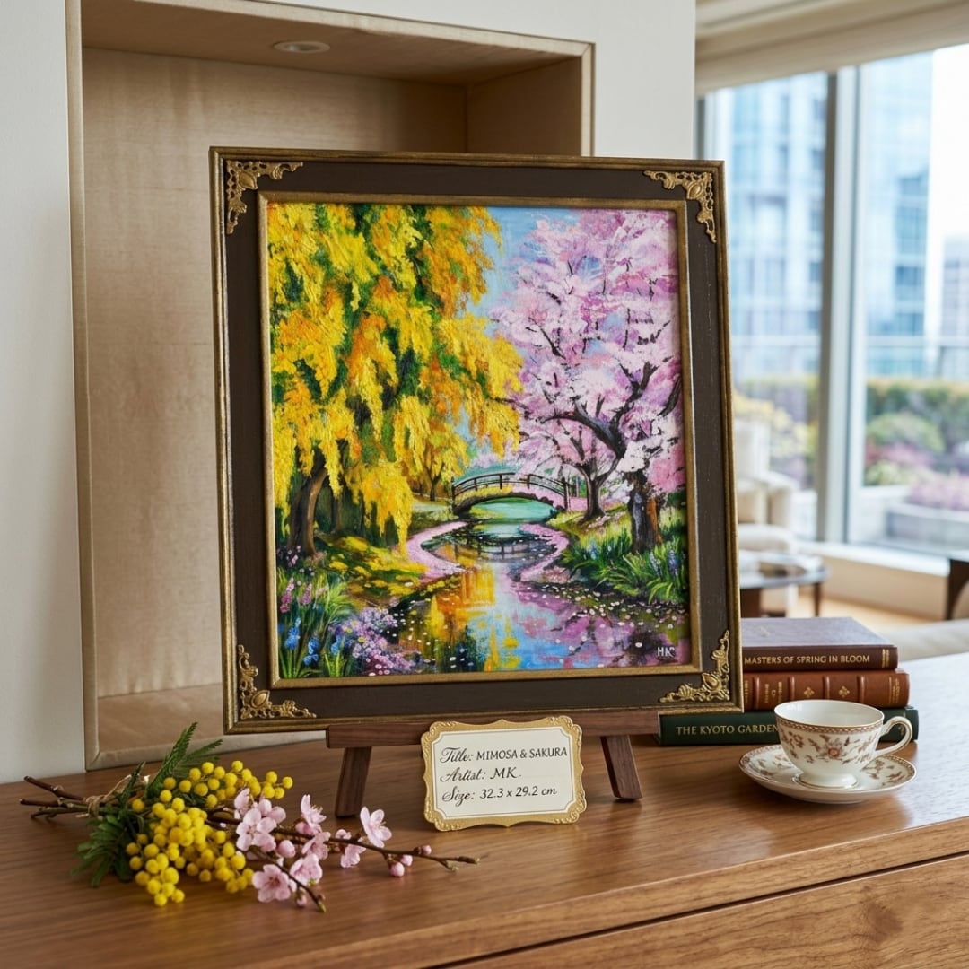 油絵 原画「陽だまりの庭園 〜桜とミモザの咲く日〜」 手描き 一点物
