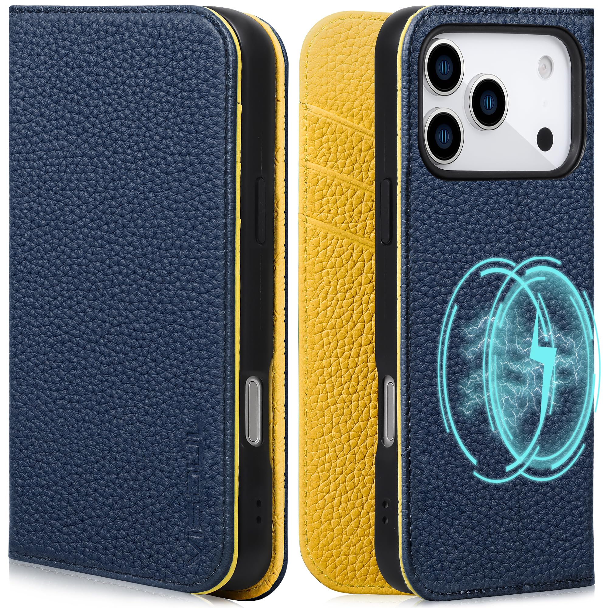 VISOUL iPhone 18 Pro/17 Pro 対応 ケース 手帳型 本革レザー 2026年発売 6.3インチ ネイビー xレモン