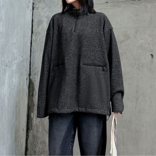 ジップアップ ドローストリング ヒップ丈 長袖 プルオーバー 1color PU0463