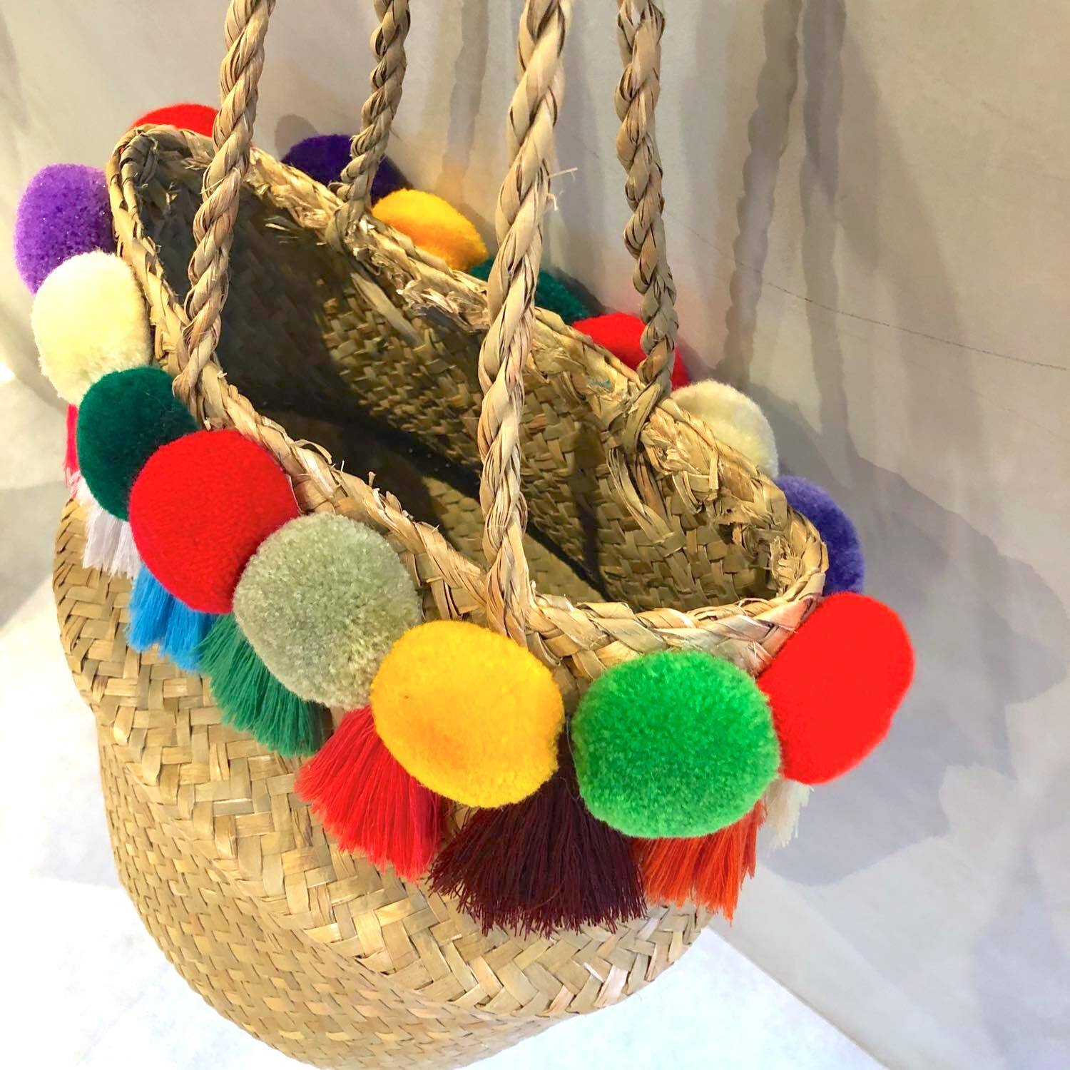 最終入荷〉カラフルポンポンとタッセルのカゴバッグA | Dua
