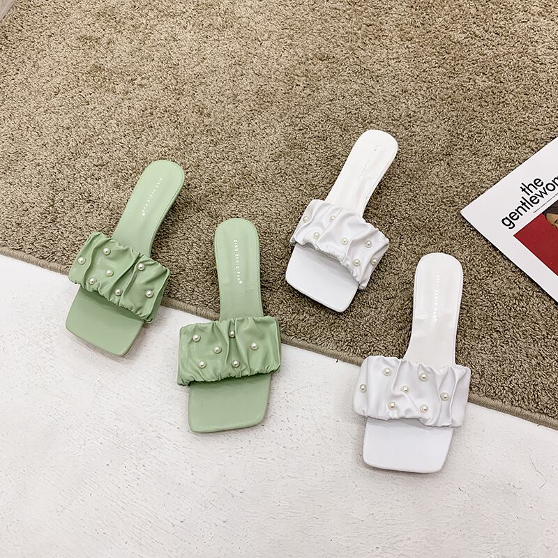 サマーパールミュール 靴 シューズ 夏物 真珠 スクウェア フェイクシューズ80394731580