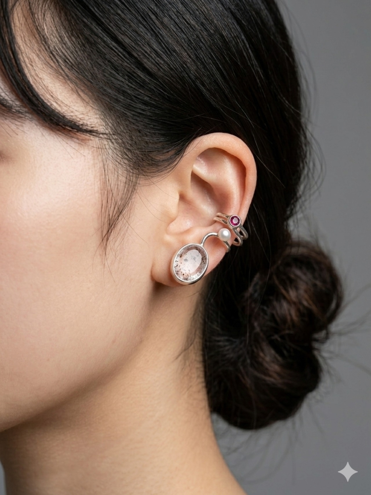 インクルージョンクォーツの３連イヤーカフ/SV950