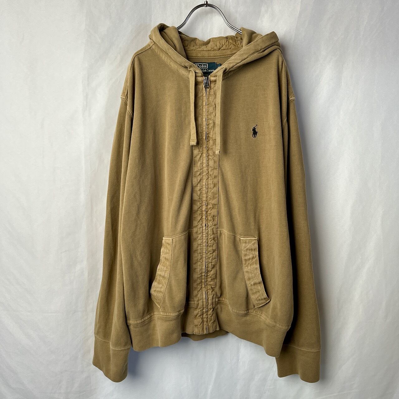 90s ポロラルフローレン パーカー フーディー 刺繍ロゴ ベージュ 古着