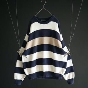 over silhouette tri-color border design cotton knit sweater