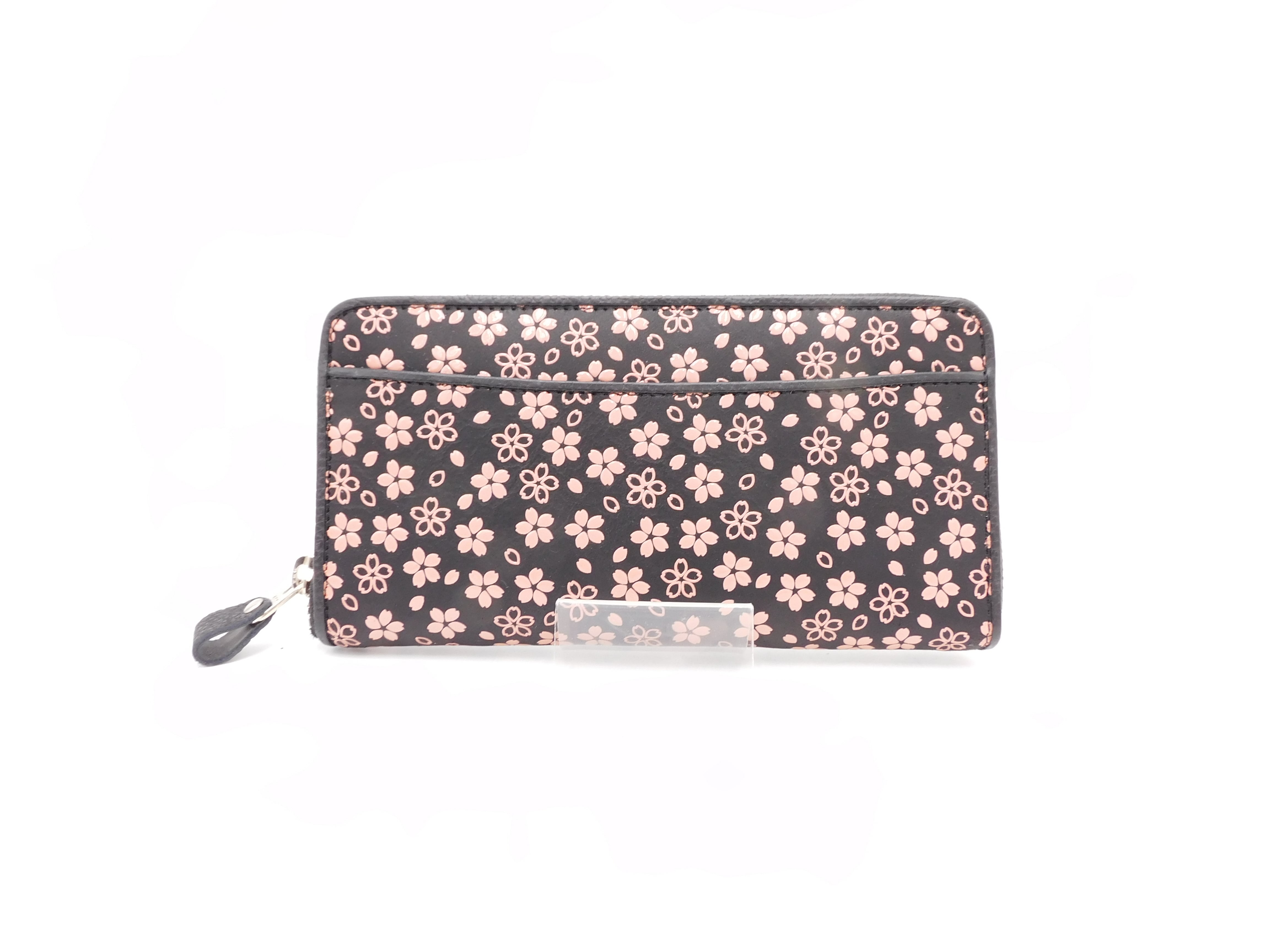 ラウンド長財布 黒/ピンク 桜柄
