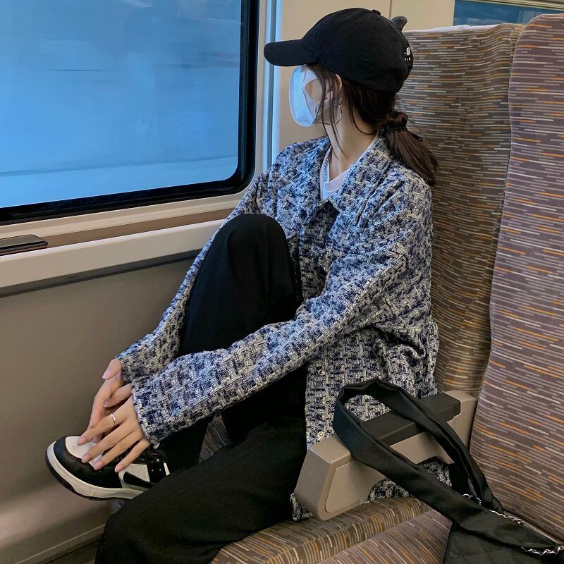 格子柄ショートジャケット ルーズスタンダードカーディガンオータム レトロ 秋物 ブラックストロベリース91586936889