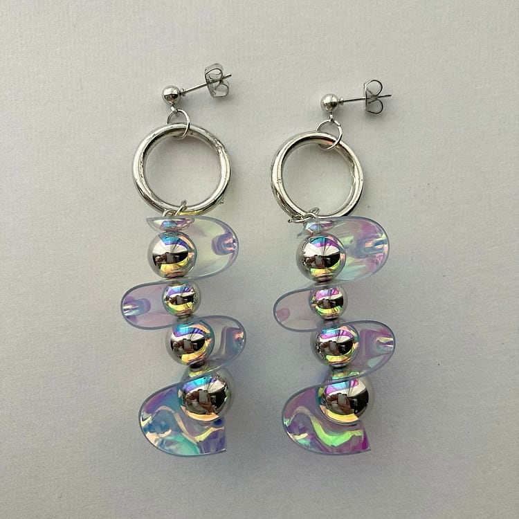 053 ブラックオーロラとシルバーのアシメピアス ハンドメイド 125