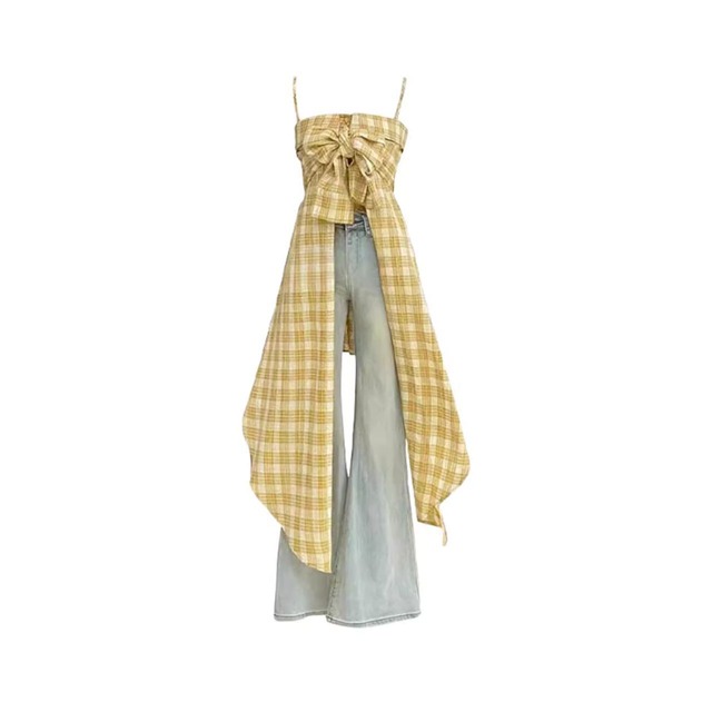 Shoulder Irregular Yellow Plaid Slip Dress