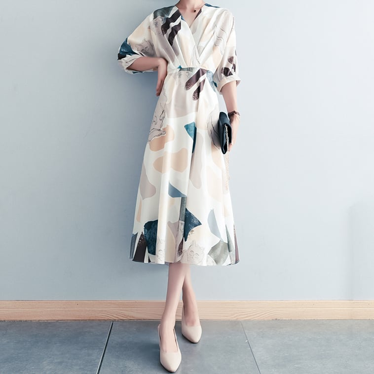 Vネック水彩ワンピース Linolala