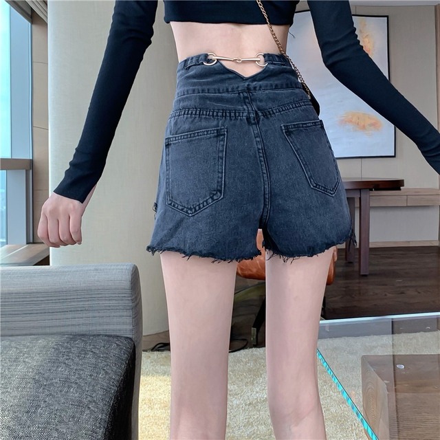 パンツ ショートパンツ デニムパンツ ハイウエスト バックチェーン カットオフ 切りっぱなし カジュアル