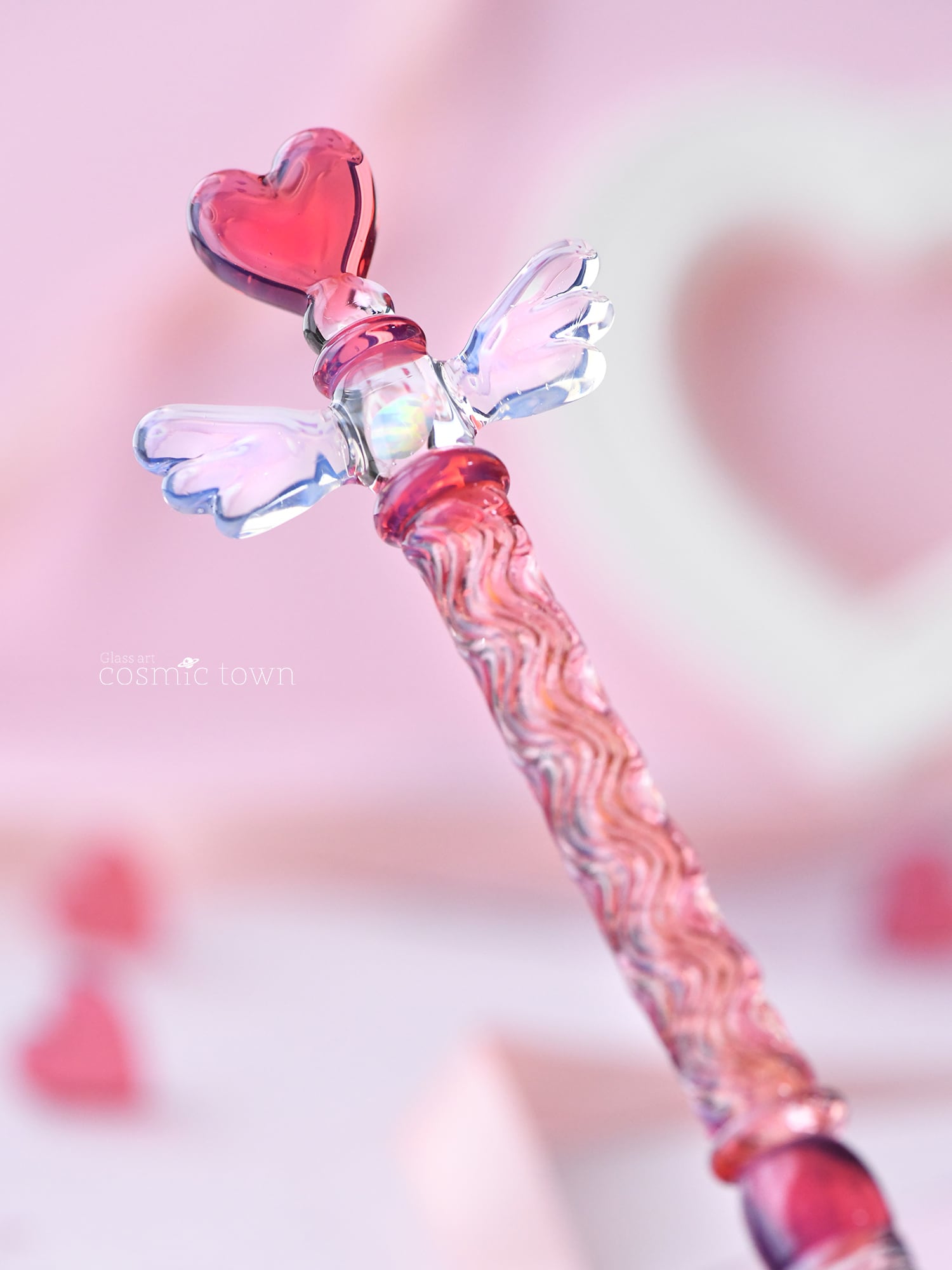 ガラスペン　プチハートペン　ピンク ハートのガラスペン / ウイングver. / ボロシリケイト【オパール