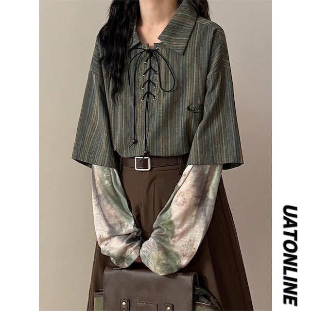【UATONLINEシリーズ】★POLOシャツ★ ユニセックス レトロ 長袖 切り替え リボン付き レースアップ グリーン