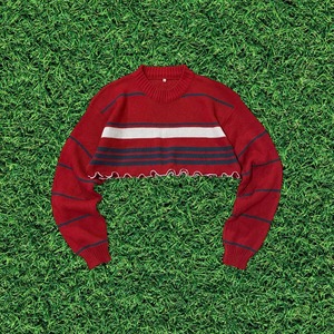 【リメイク古着】再構築短丈ニットセーター ボーダー レッド メローフリル レディース