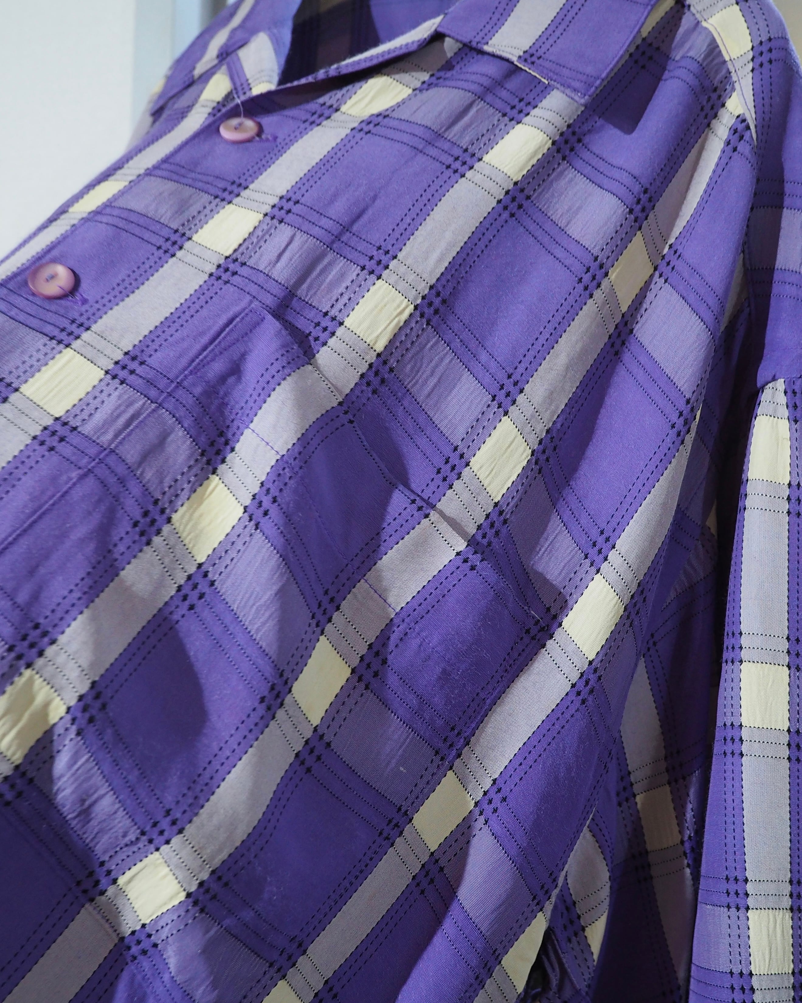 1990s " JUNKO KOSHINO " White Purple Check pattern vintage Open collar SS shirt