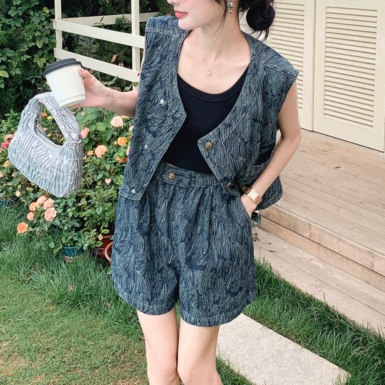 Jacquard denim vest and pants set S1012