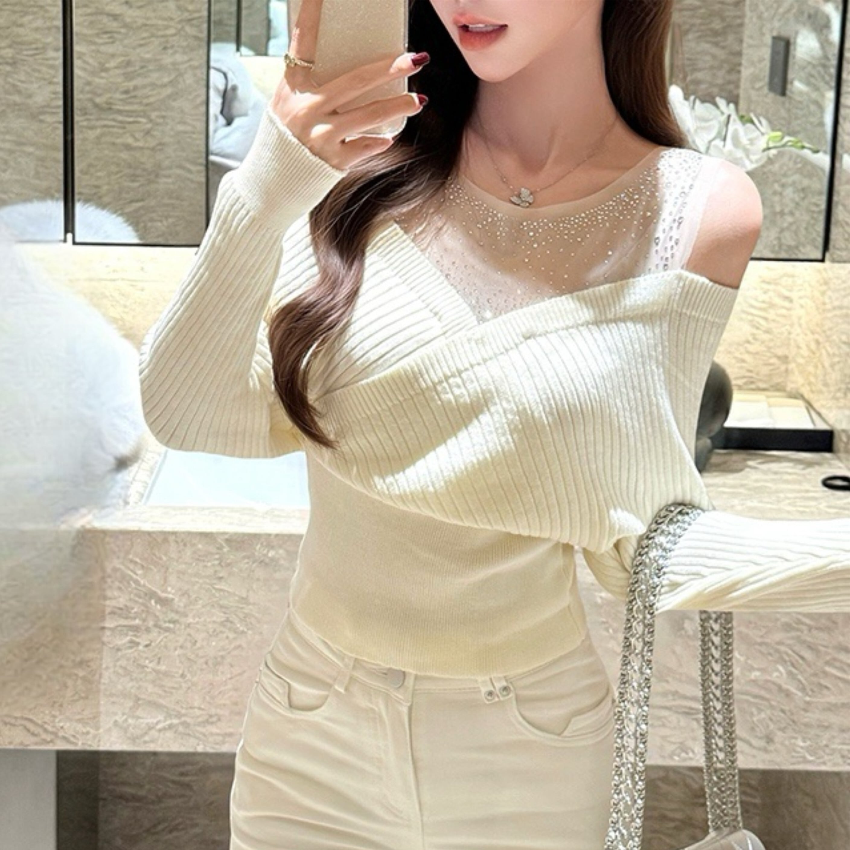 【tops】ラインストーンチュールレイヤードオフショルニット N3507