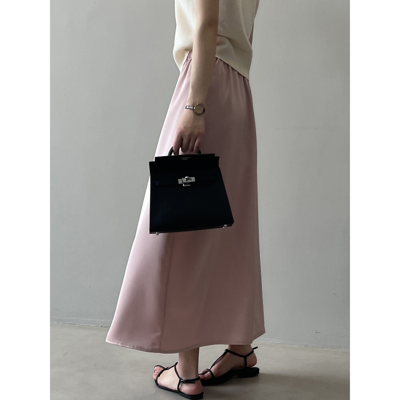 サテン レースアップ フレア ロングスカート 10082