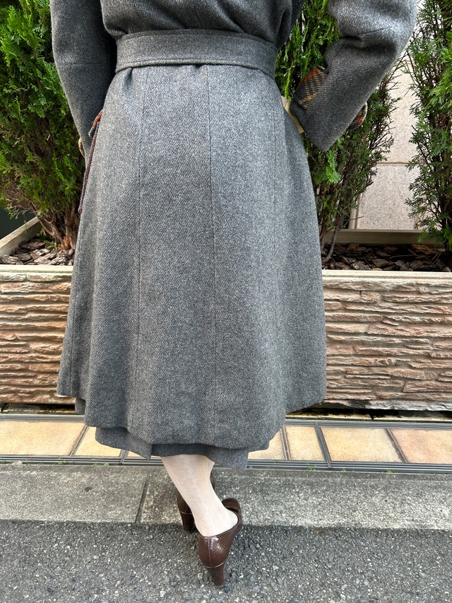 70's check gray coat with muffler& belt