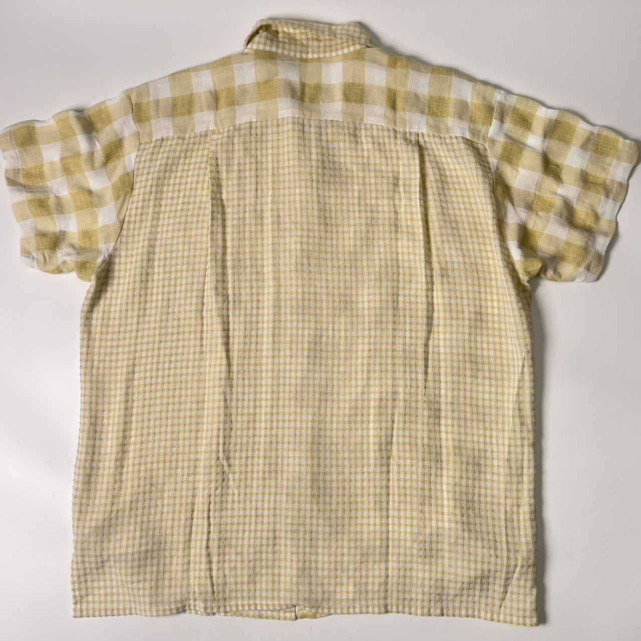 リネン混 HAKKA ハッカ 切替 チェック 半袖シャツ/イエロー メンズ