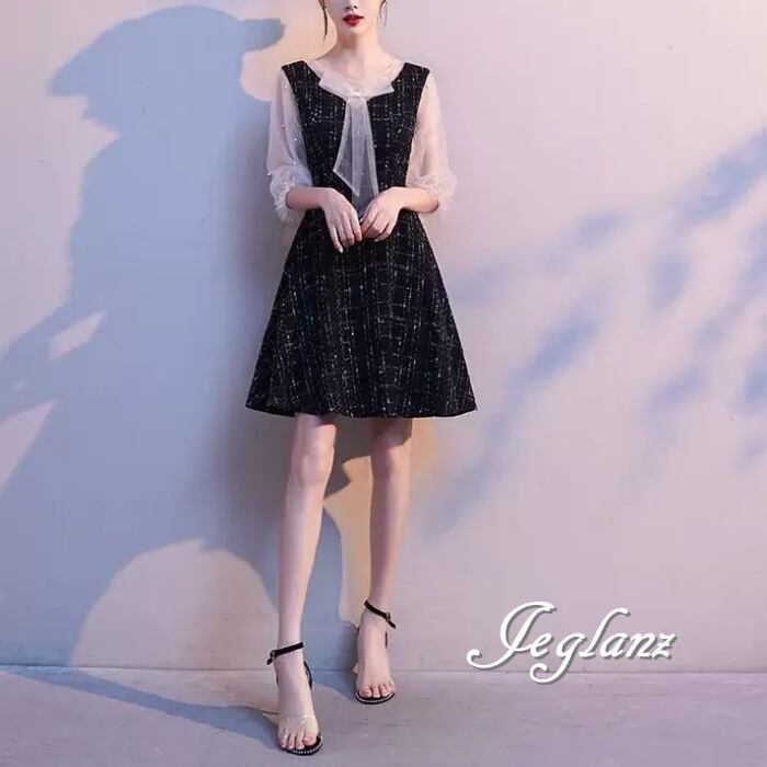 パーティ ドレス バイカラー ワンピース パール付き 7分袖 2パターン(MB123)ζ