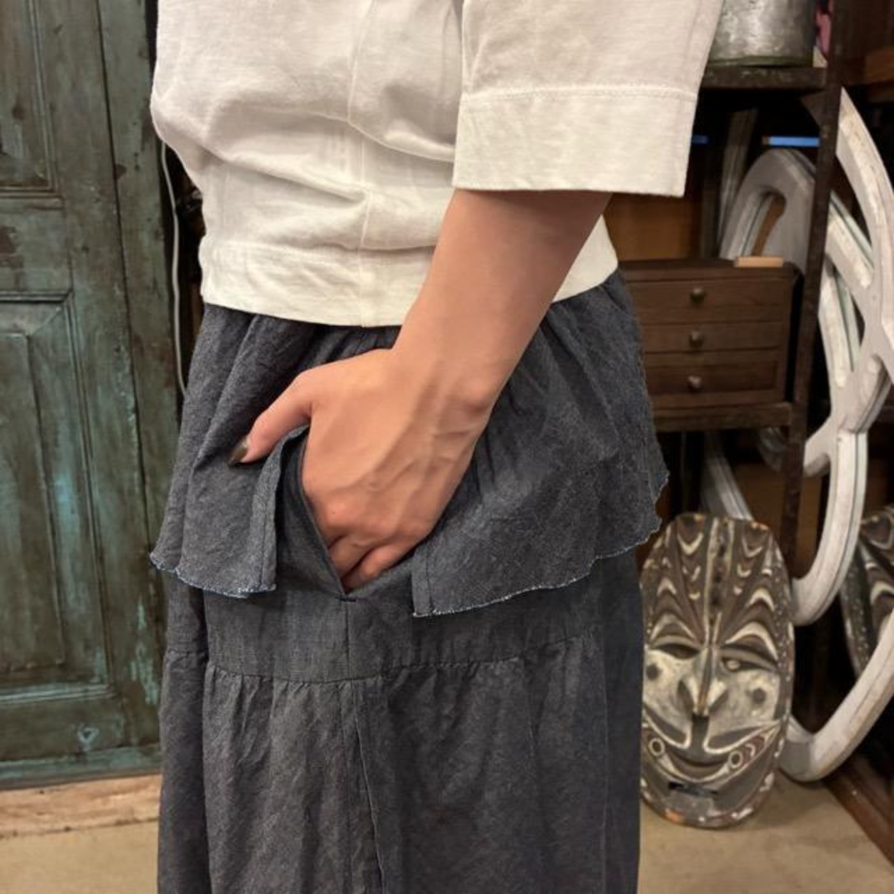 homspun Light-Ounce Chambray Skirt, Navy, Long Length, Made in Japan, Cotton, One Size Fits All
